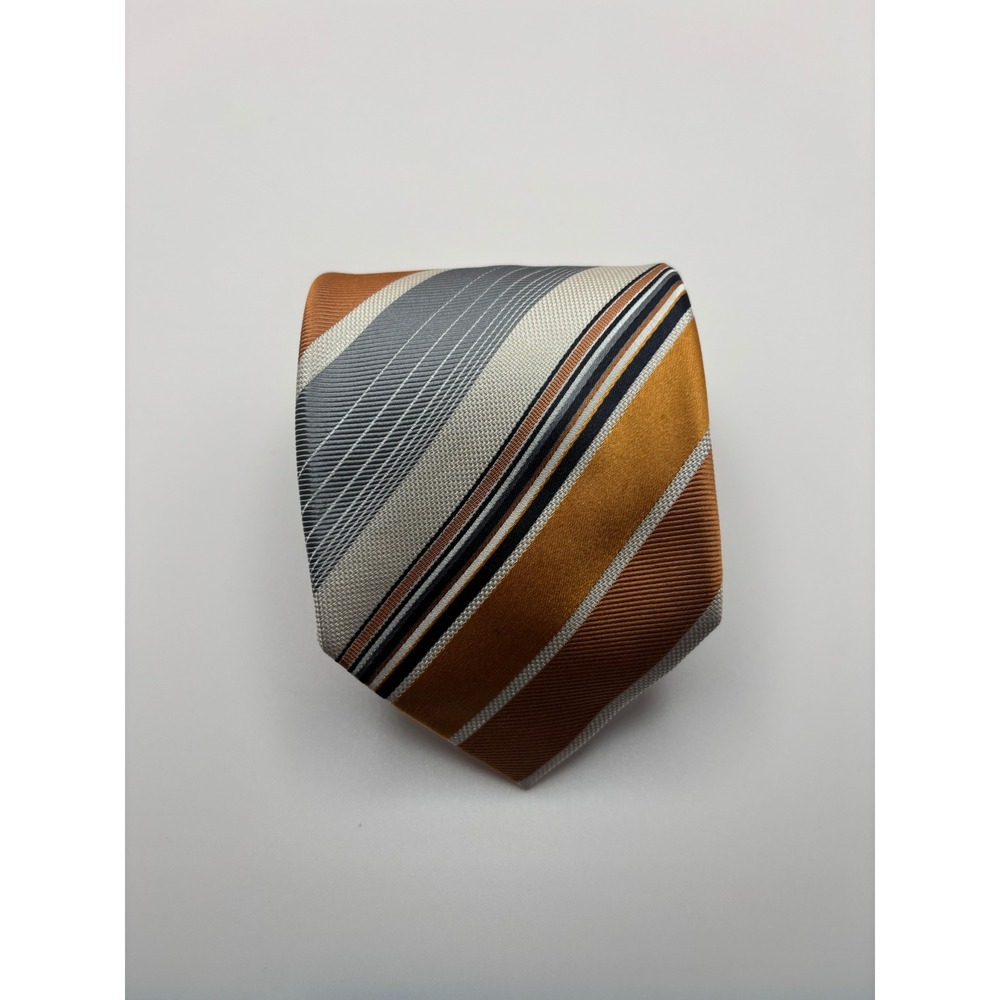 Geoffrey Beene Mens Silk Necktie Orange Grey White Black Striped Formal Tie 2236